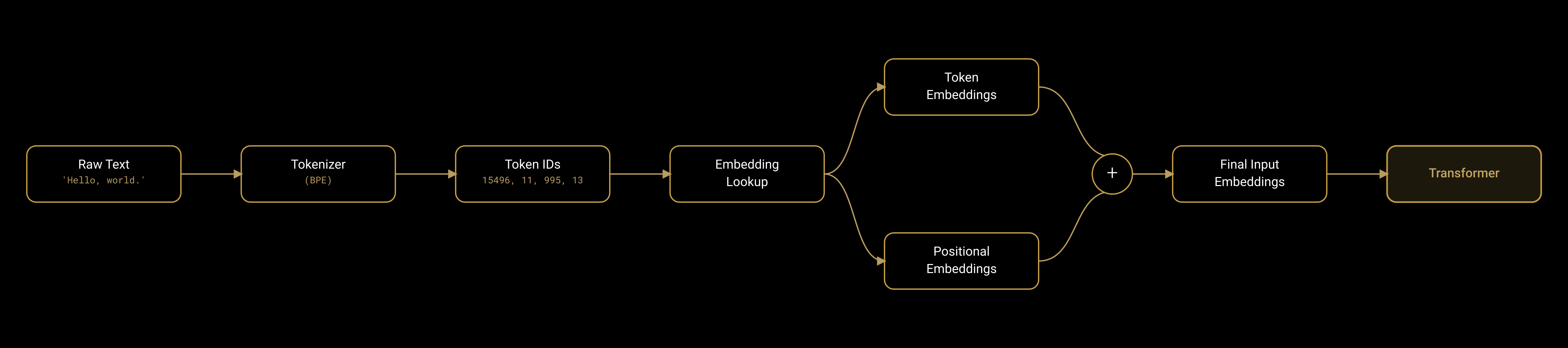 Figure 1: Raw text to tokens to token IDs to token embeddings, combined with positional embeddings to form the final input.